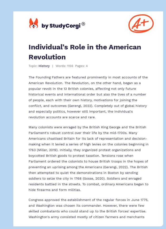 Individual’s Role in the American Revolution. Page 1