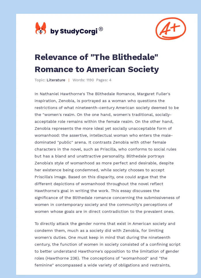 Relevance of "The Blithedale" Romance to American Society. Page 1