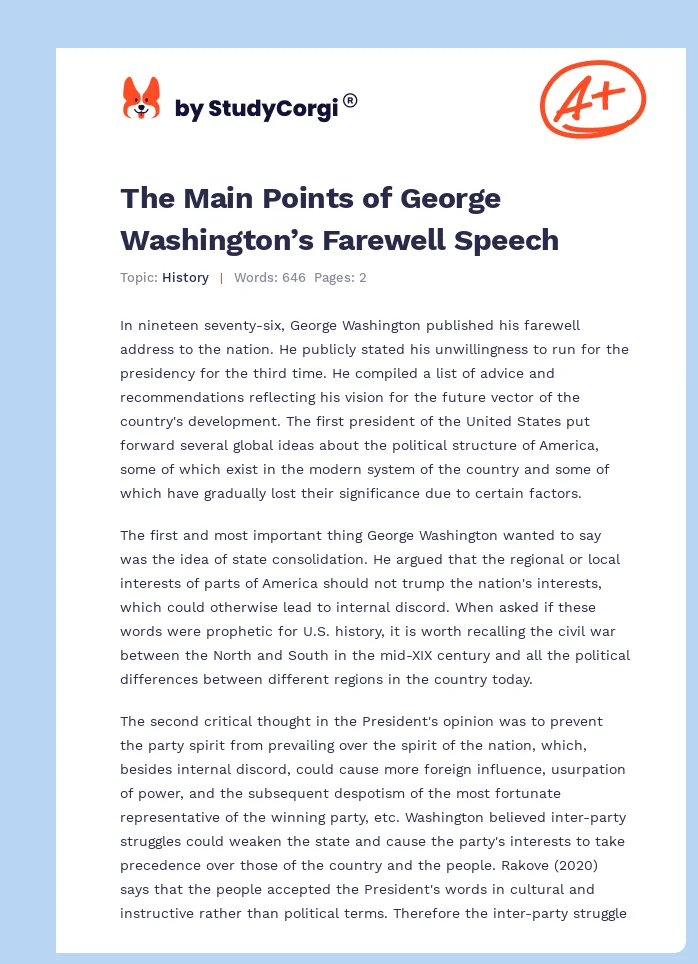 The Main Points of George Washington’s Farewell Speech. Page 1