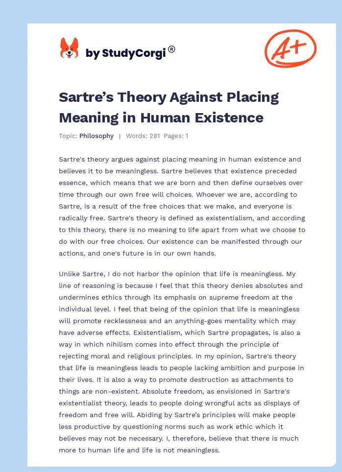 Sartre’s Theory Against Placing Meaning in Human Existence. Page 1
