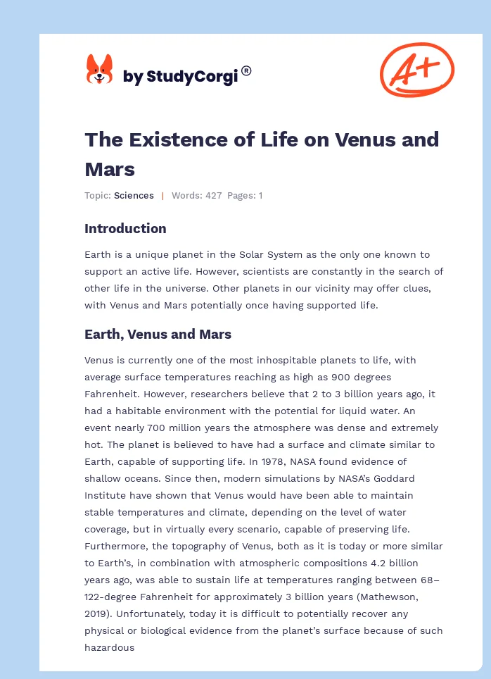 The Existence of Life on Venus and Mars. Page 1