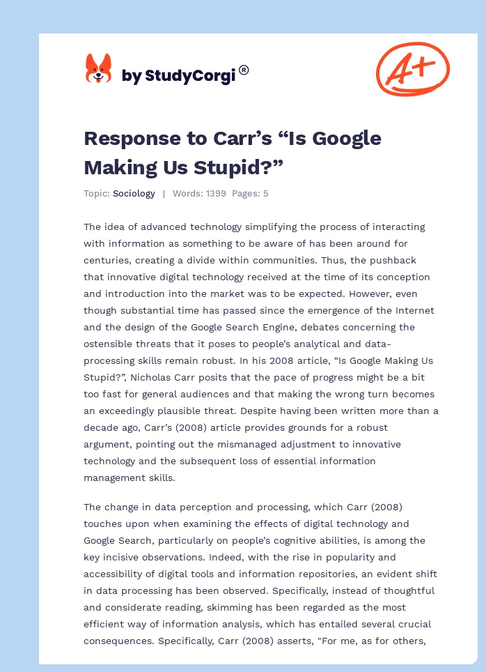 Response to Carr’s “Is Google Making Us Stupid?”. Page 1