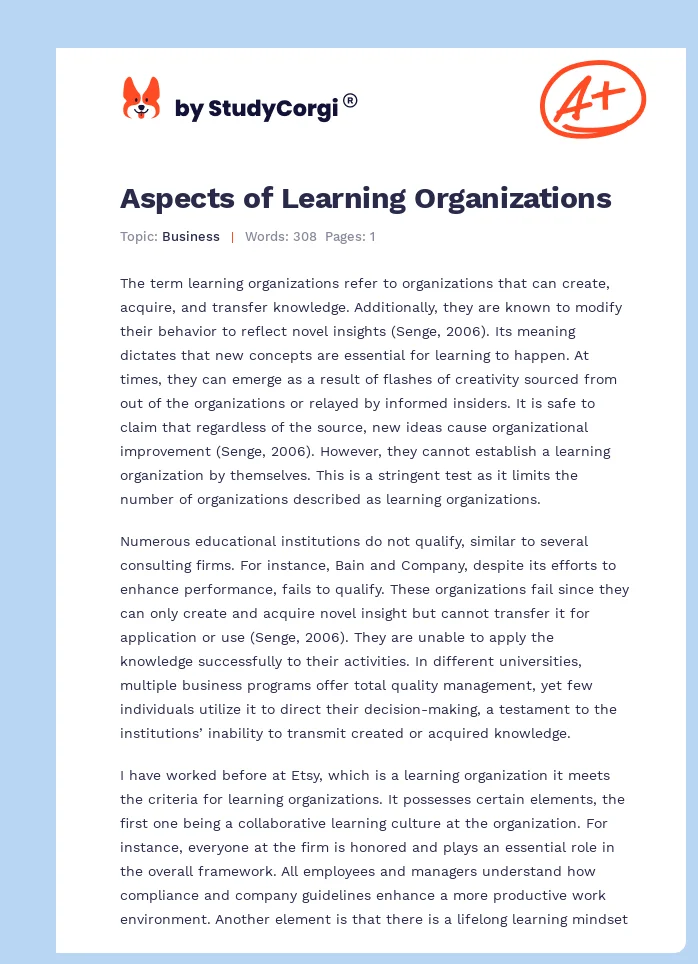 Aspects of Learning Organizations. Page 1