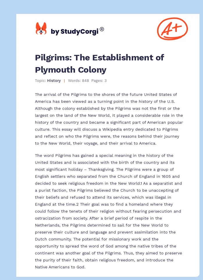 Pilgrims: The Establishment of Plymouth Colony. Page 1