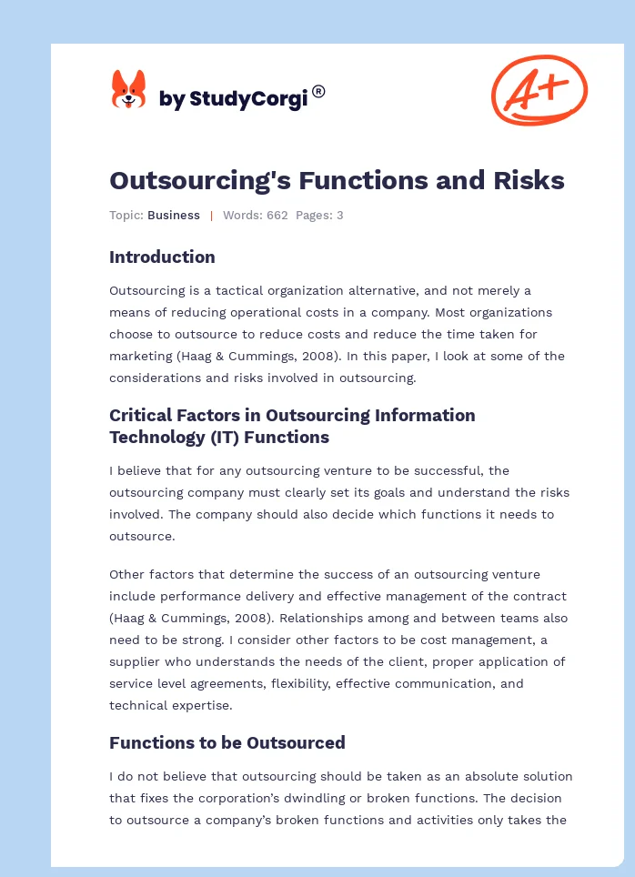 Outsourcing's Functions and Risks. Page 1