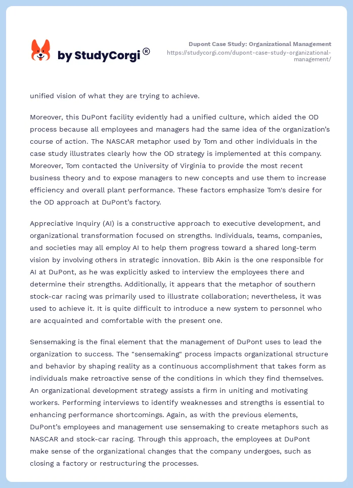 Dupont Case Study: Organizational Management. Page 2