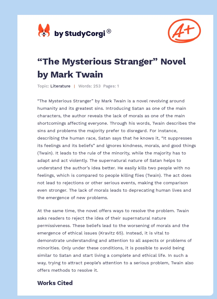 “The Mysterious Stranger” Novel by Mark Twain. Page 1