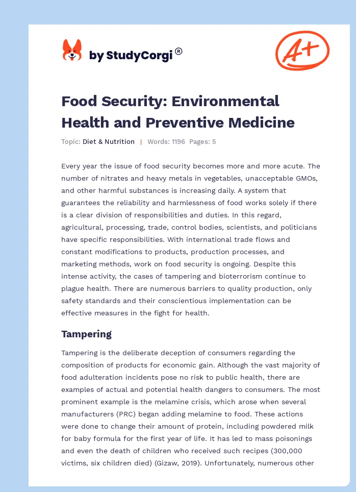 Food Security: Environmental Health and Preventive Medicine. Page 1