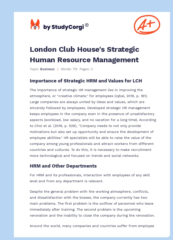 London Club House's Strategic Human Resource Management. Page 1