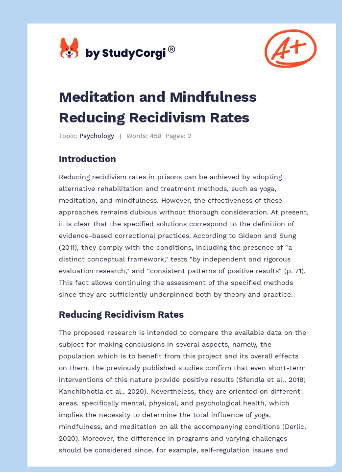 Meditation and Mindfulness Reducing Recidivism Rates. Page 1