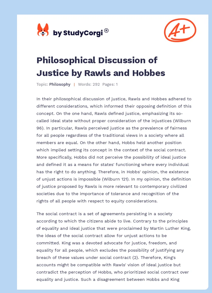 Philosophical Discussion of Justice by Rawls and Hobbes. Page 1