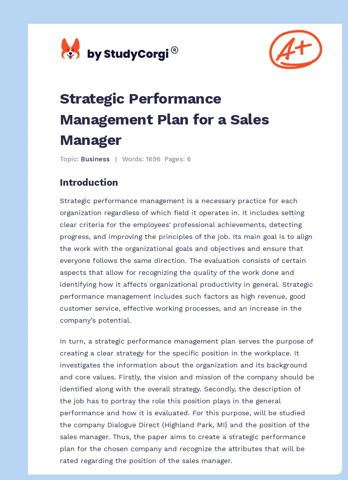 Strategic Performance Management Plan for a Sales Manager. Page 1