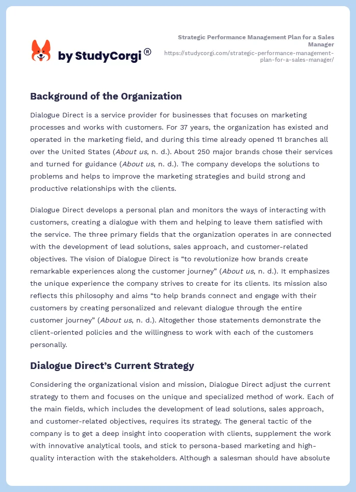 Strategic Performance Management Plan for a Sales Manager. Page 2
