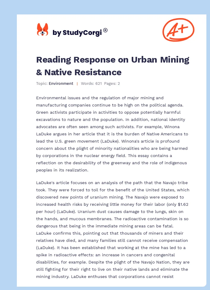 Reading Response on Urban Mining & Native Resistance. Page 1
