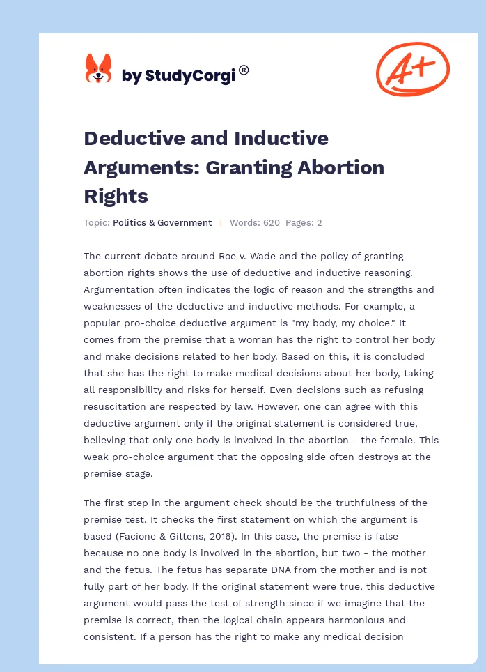 Deductive and Inductive Arguments: Granting Abortion Rights. Page 1