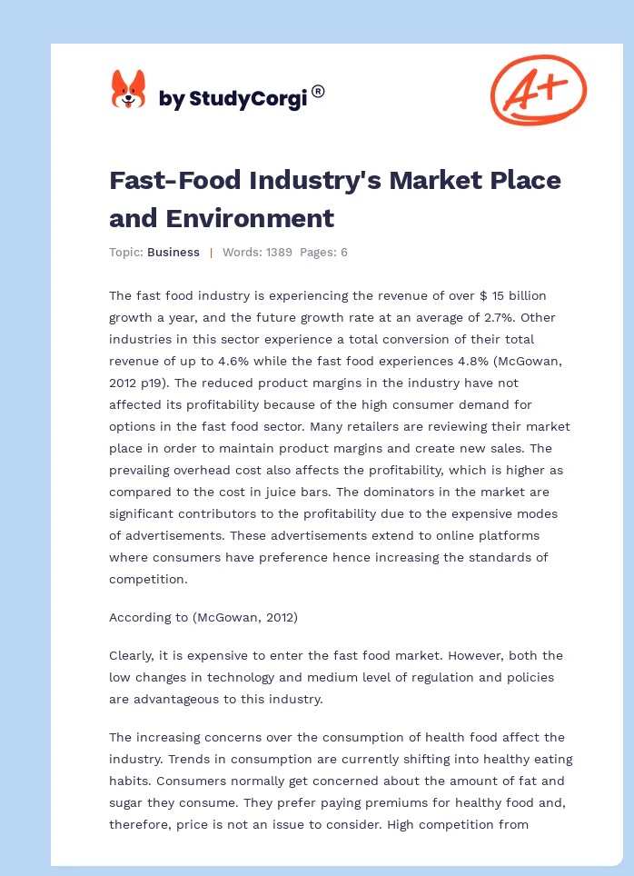 Fast-Food Industry's Market Place and Environment. Page 1