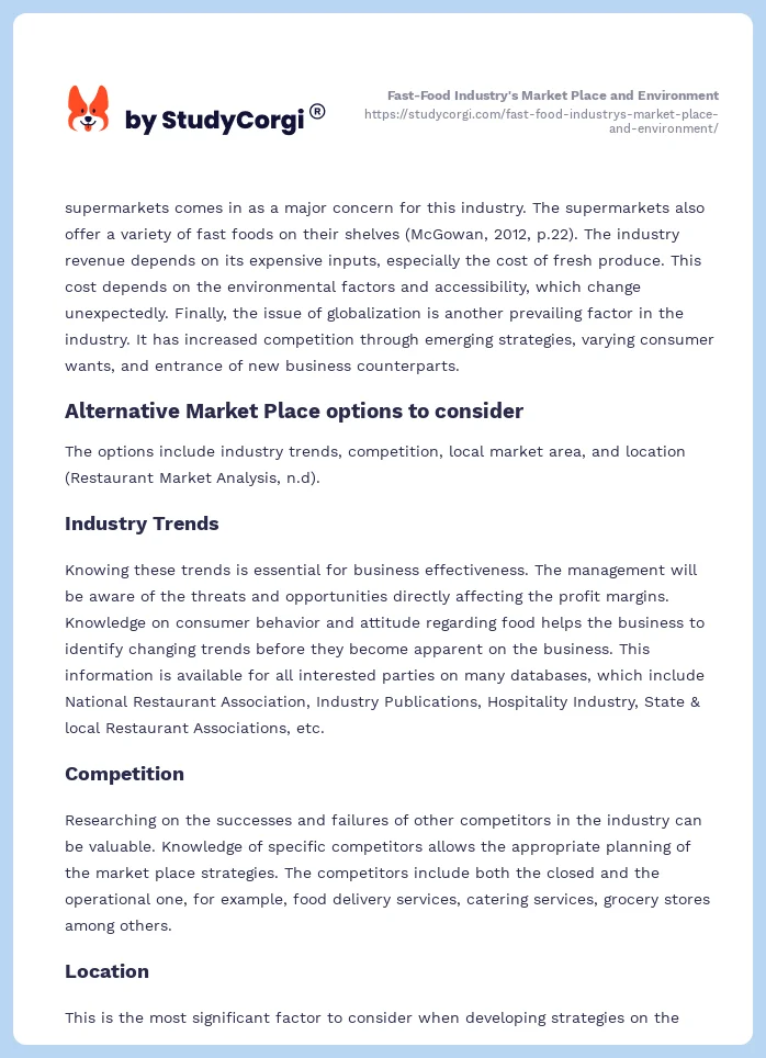 Fast-Food Industry's Market Place and Environment. Page 2