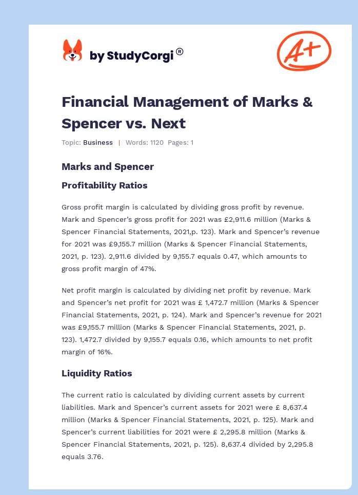 Financial Management of Marks & Spencer vs. Next. Page 1