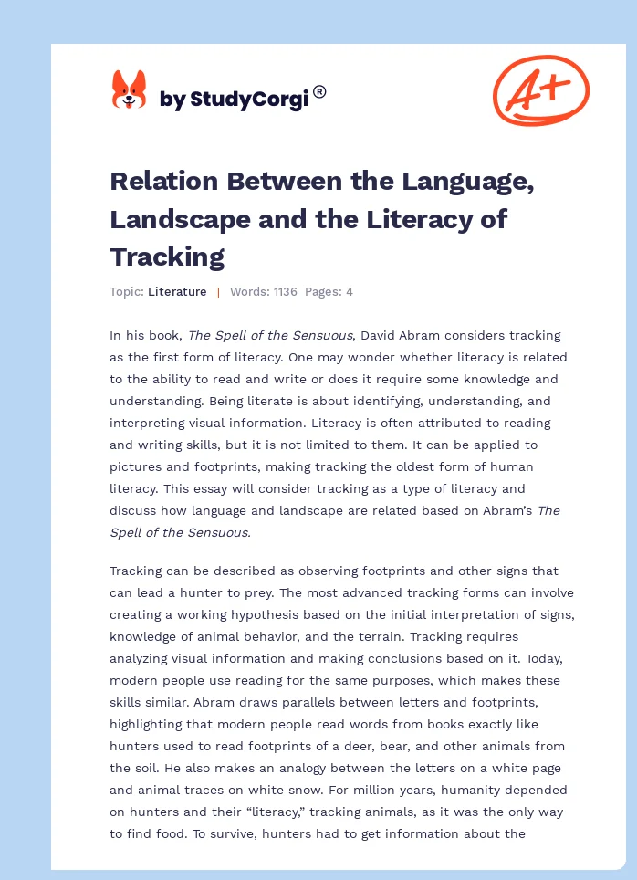 Relation Between the Language, Landscape and the Literacy of Tracking. Page 1