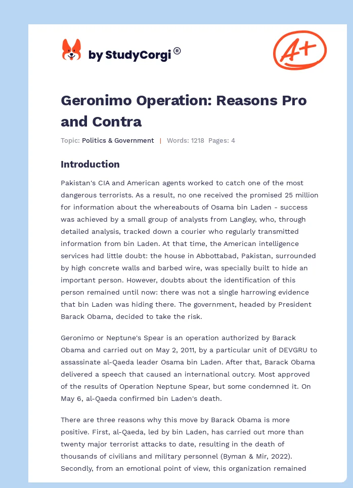 Geronimo Operation: Reasons Pro and Contra. Page 1