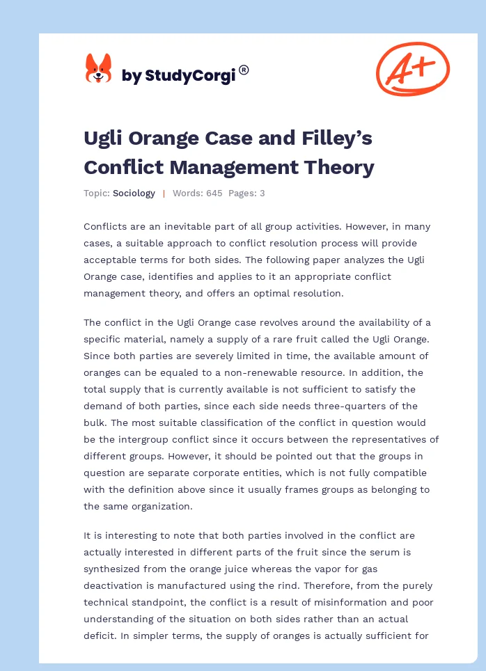 Ugli Orange Case and Filley’s Conflict Management Theory. Page 1