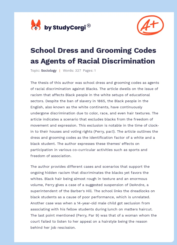 School Dress and Grooming Codes as Agents of Racial Discrimination. Page 1