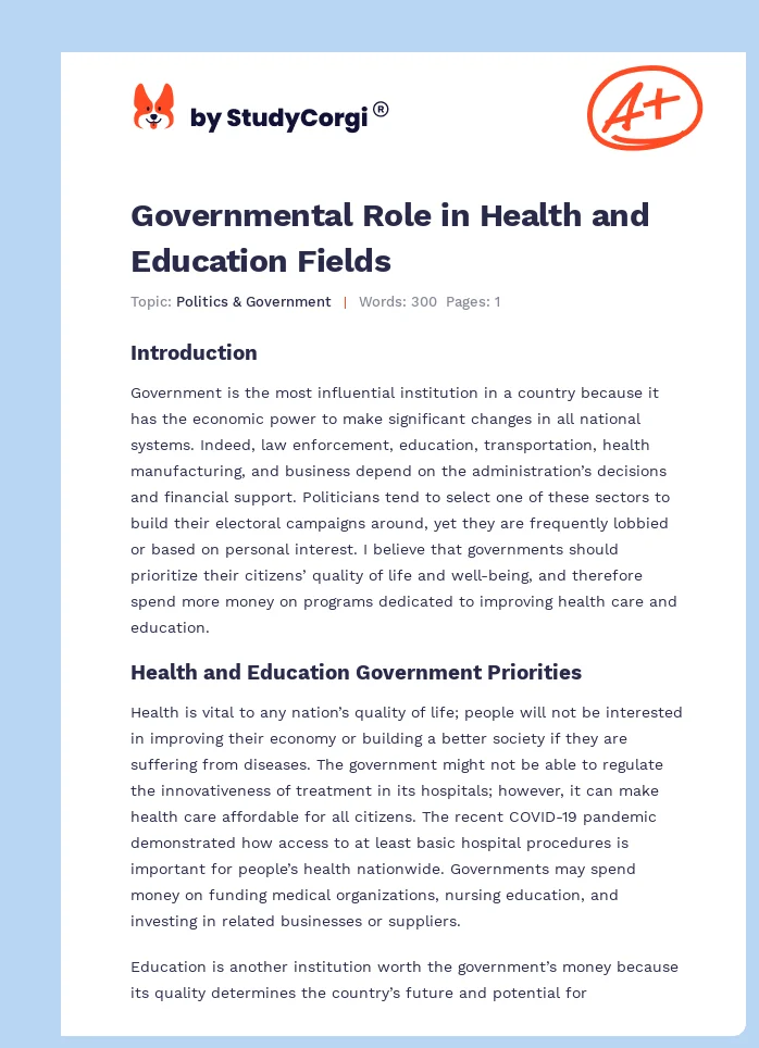Governmental Role in Health and Education Fields. Page 1