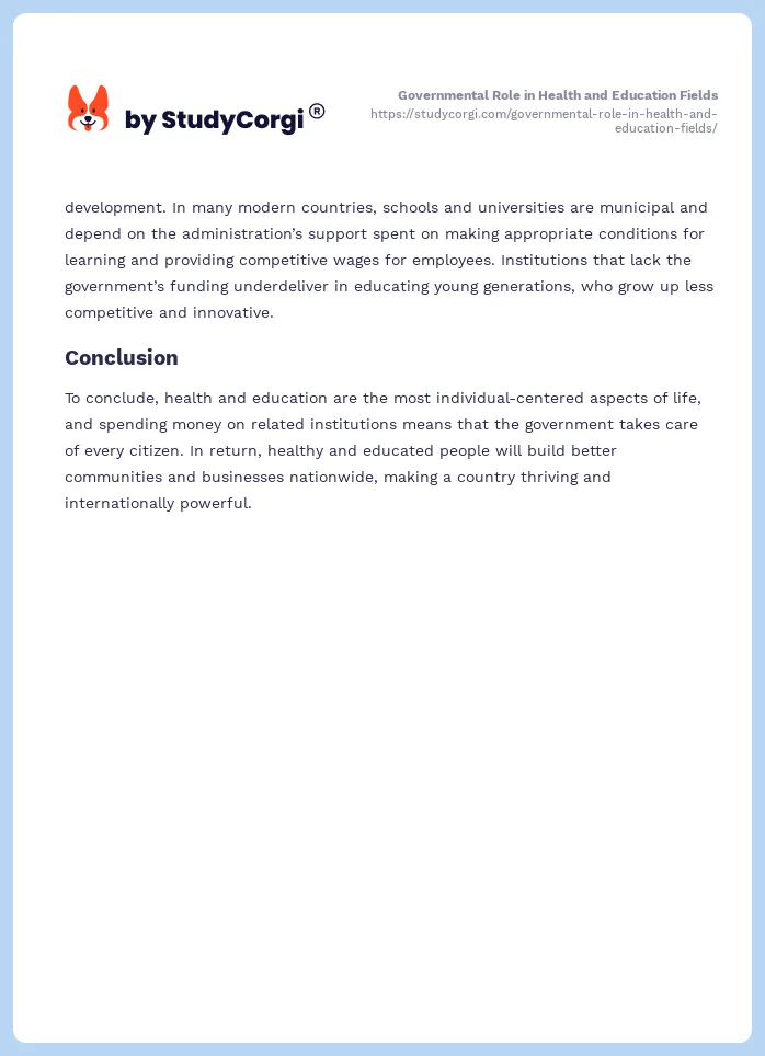 Governmental Role in Health and Education Fields. Page 2