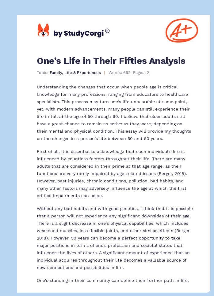One’s Life in Their Fifties Analysis. Page 1