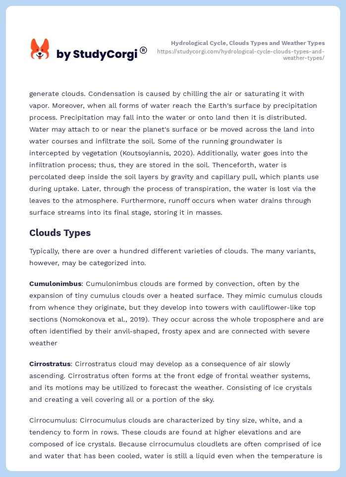Hydrological Cycle, Clouds Types and Weather Types. Page 2