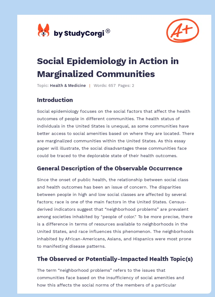 Social Epidemiology in Action in Marginalized Communities. Page 1