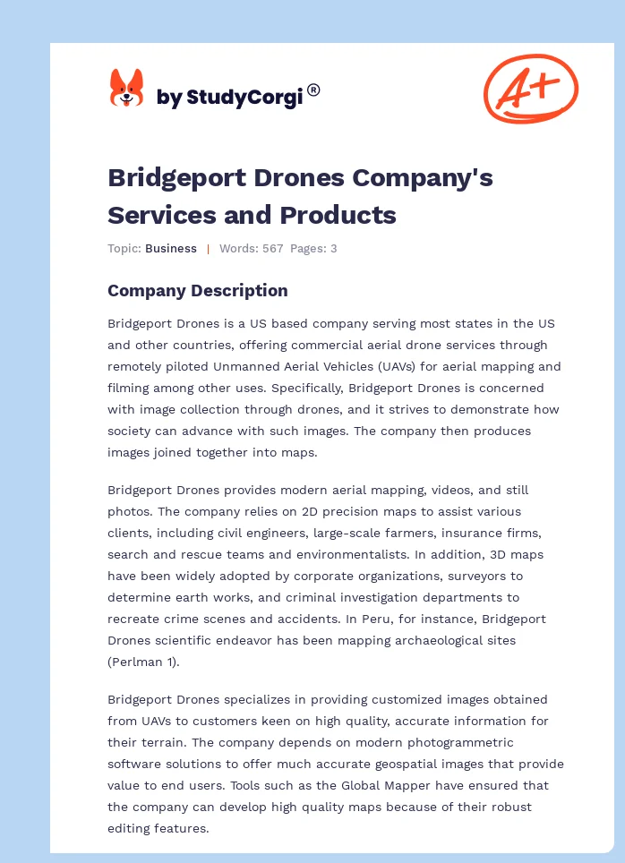 Bridgeport Drones Company's Services and Products. Page 1