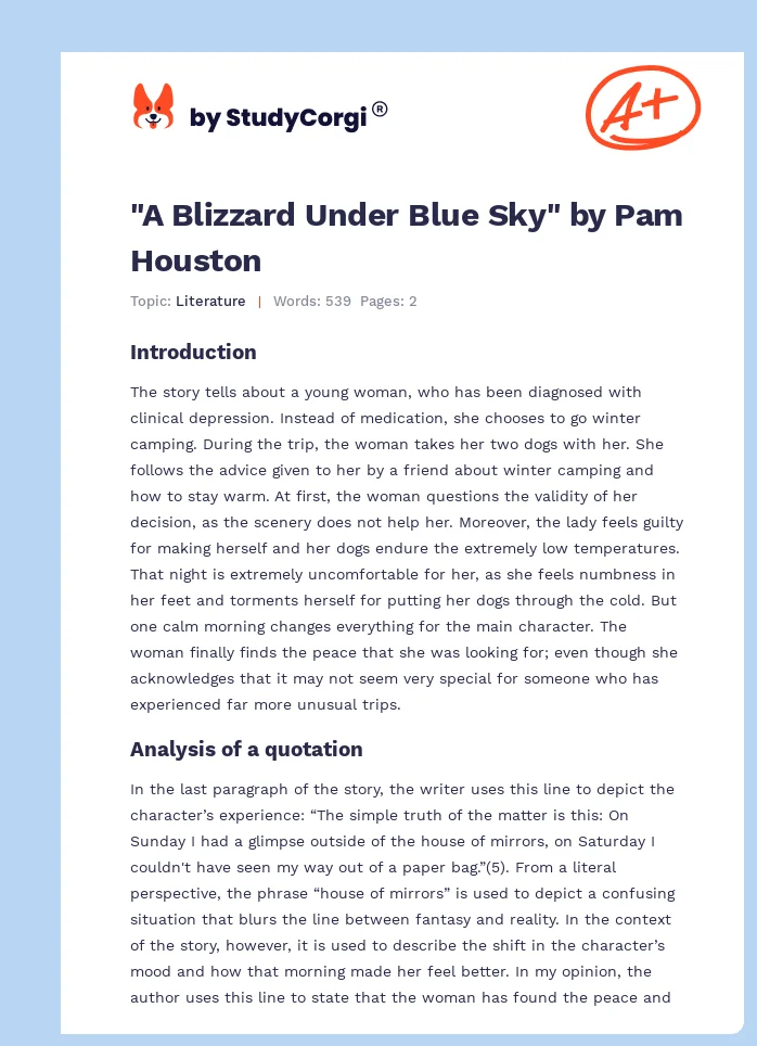 "A Blizzard Under Blue Sky" by Pam Houston. Page 1