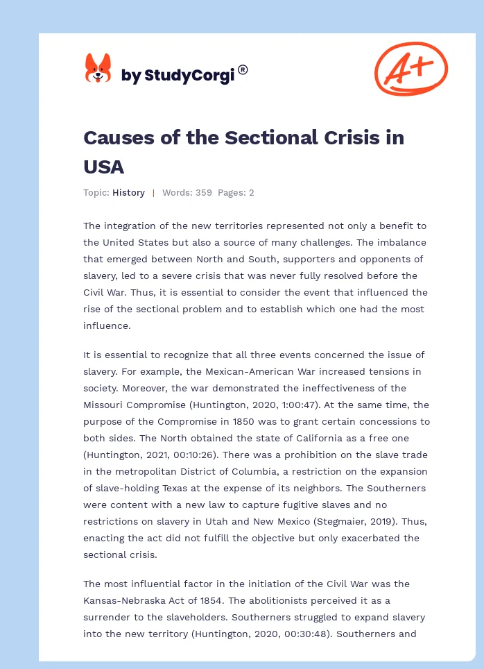 Causes of the Sectional Crisis in USA. Page 1