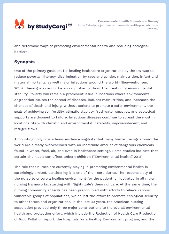 Environmental Health Promotion in Nursing. Page 2