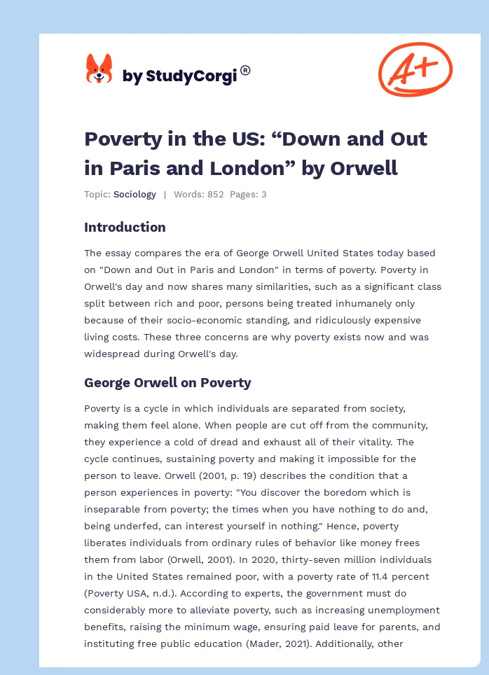 Poverty in the US: “Down and Out in Paris and London” by Orwell. Page 1