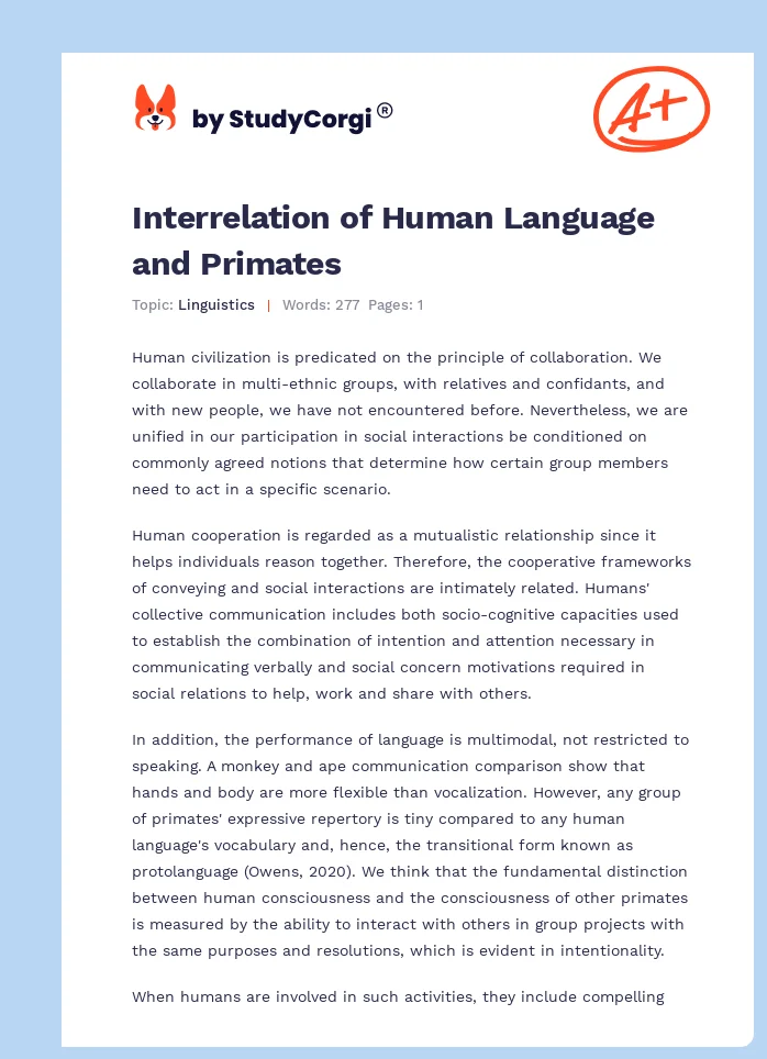Interrelation of Human Language and Primates. Page 1