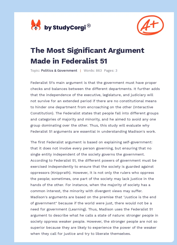 The Most Significant Argument Made in Federalist 51. Page 1