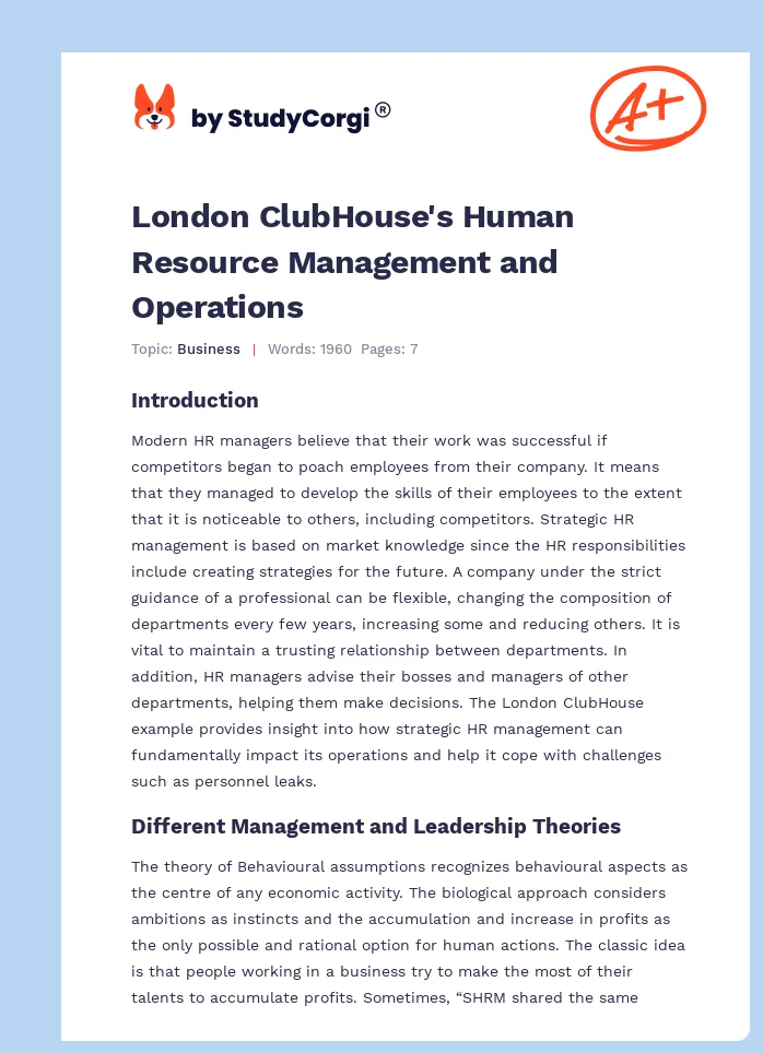 London ClubHouse's Human Resource Management and Operations. Page 1