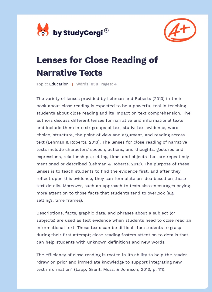 Lenses for Close Reading of Narrative Texts. Page 1