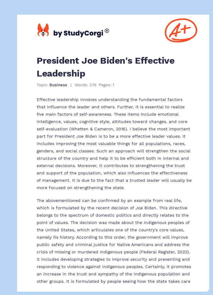 President Joe Biden's Effective Leadership. Page 1