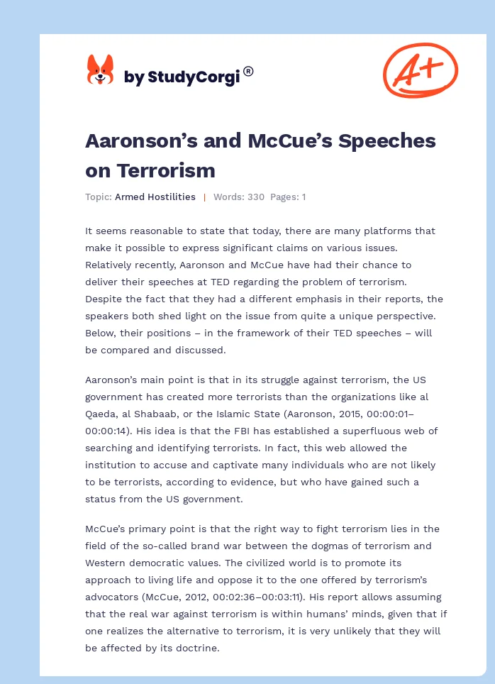Aaronson’s and McCue’s Speeches on Terrorism. Page 1