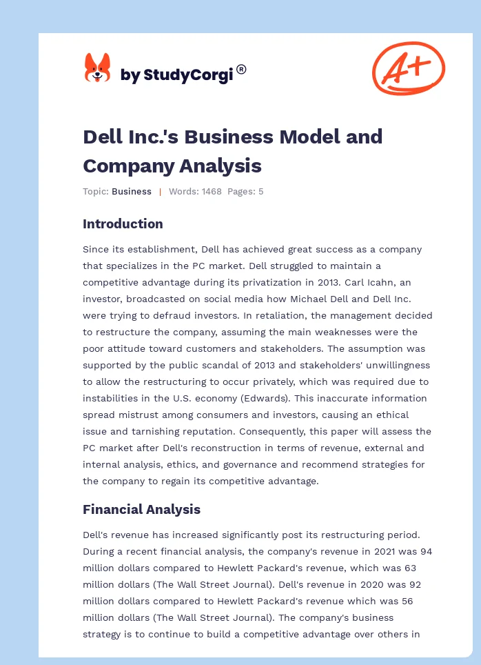 Dell Inc.'s Business Model and Company Analysis. Page 1