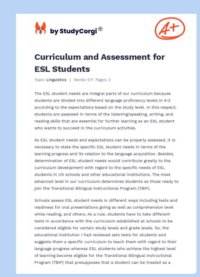 Curriculum and Assessment for ESL Students. Page 1