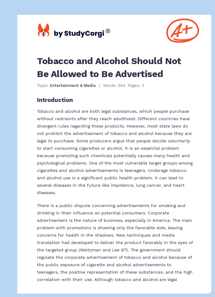 Tobacco and Alcohol Should Not Be Allowed to Be Advertised. Page 1