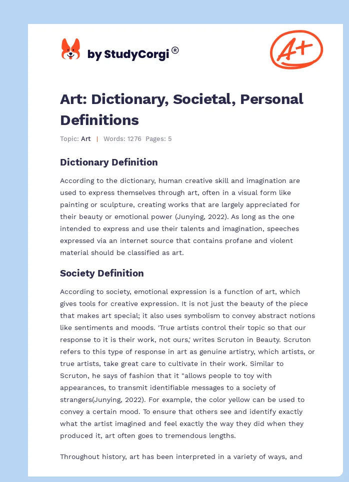 Art: Dictionary, Societal, Personal Definitions. Page 1