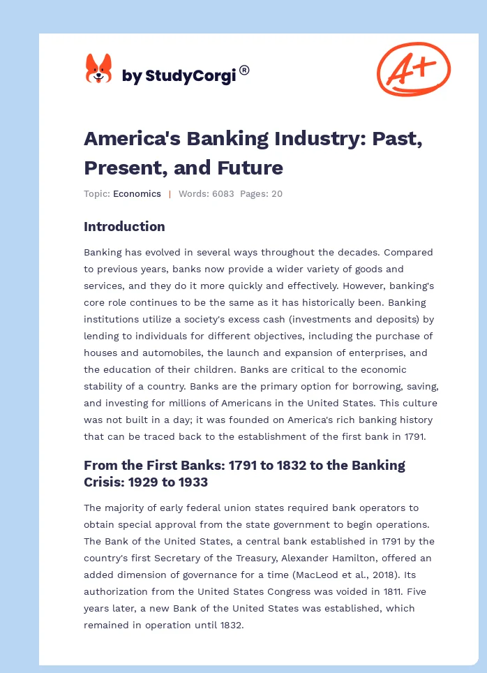 America's Banking Industry: Past, Present, and Future. Page 1