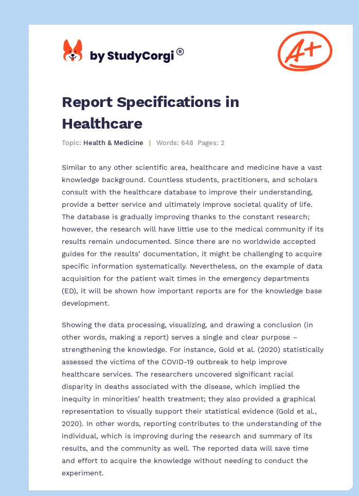 Report Specifications in Healthcare. Page 1