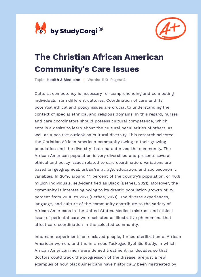 The Christian African American Community's Care Issues. Page 1