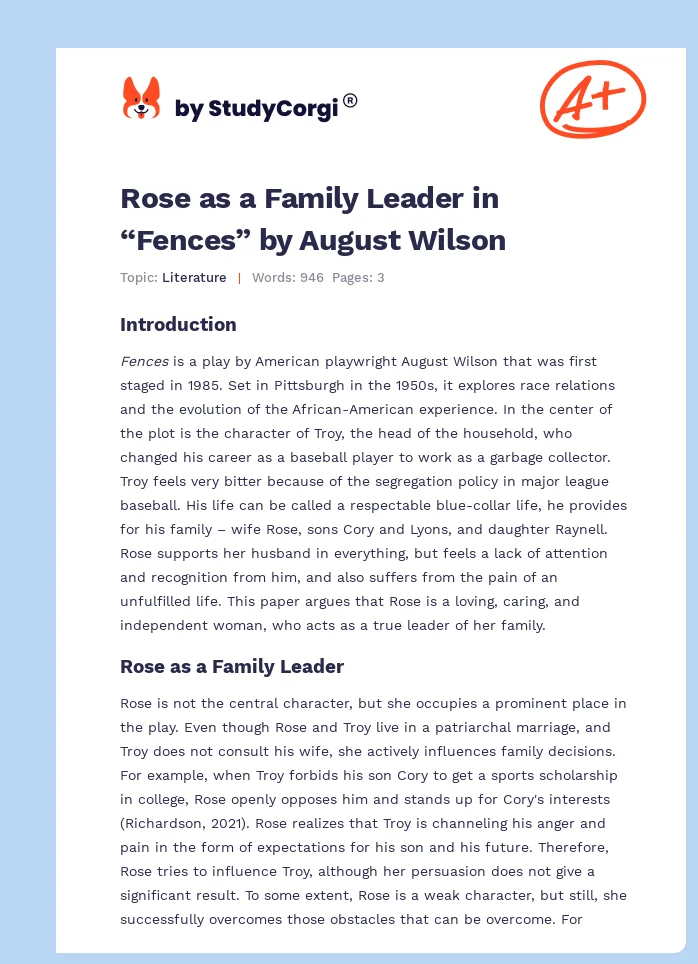 Rose as a Family Leader in “Fences” by August Wilson. Page 1